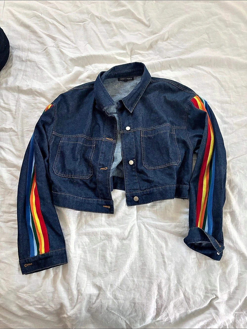 Honey Punch Rainbow Stripe Sleeve Cropped Denim Jacket
